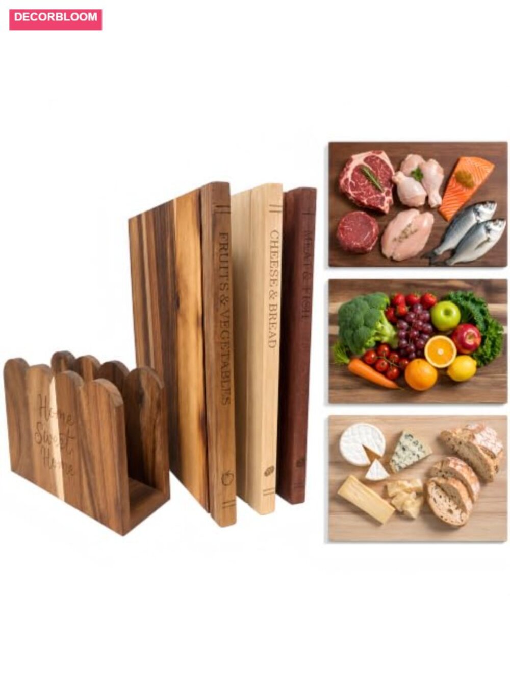 Book Shaped Cutting Board Set of 3 Acacia Rubberwood Walnut Wood with Stand
